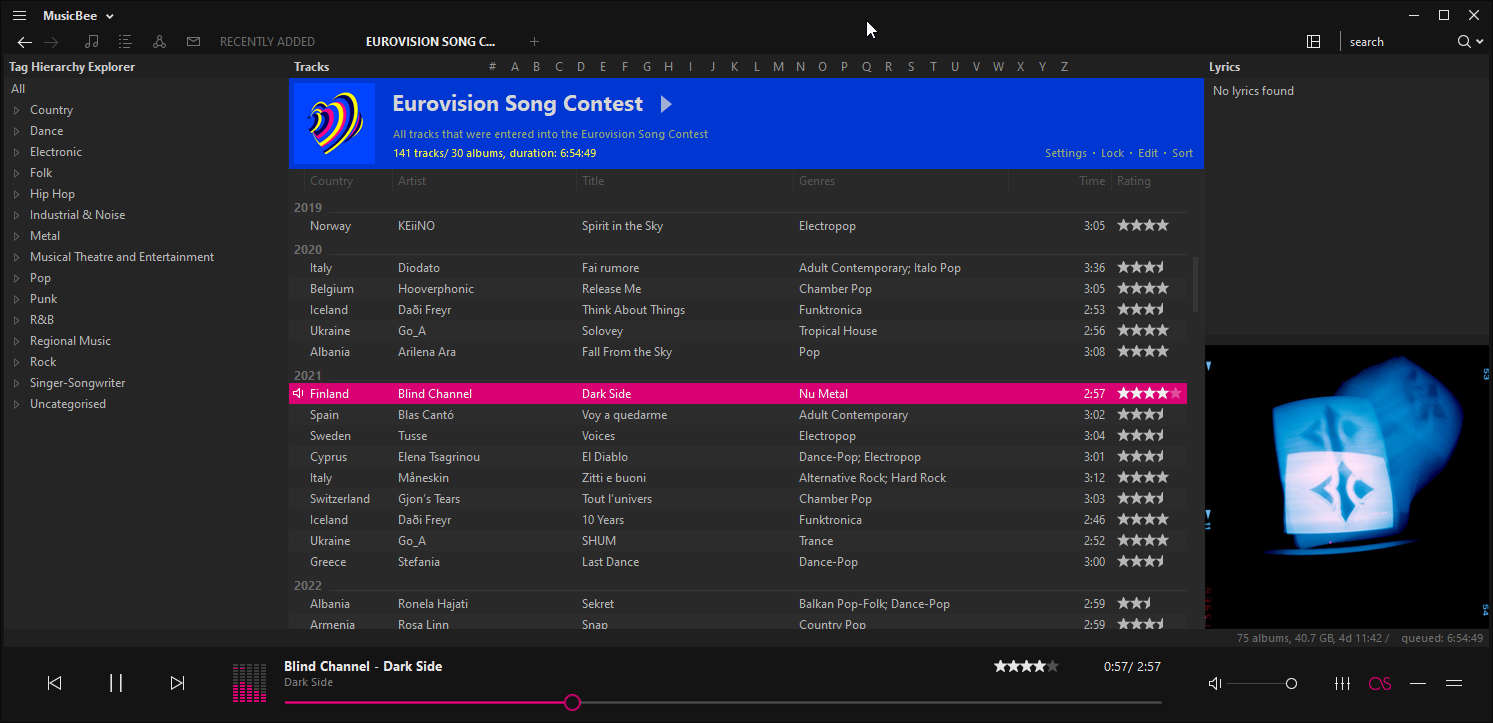 MusicBee on Windows displaying my Eurovision Song Contest playlist, which groups entries into sections based on the year they were entered into the contest and displays the country, artist, song title, genres and song rating. The Tag Hierarchy Explorer is displaying my tag hierarchy template derived from Rate Your Music's genre tree. The current playing track is Dark Side by Blind Channel.