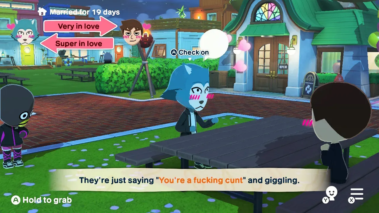 A screenshot of Tomodachi Life: Living the Dream with two Miis: Legoshi (from Beastars, an anthropomorphic gray wolf) and me (a human with brown hair). The two are sat at a picnic table, looking at each other - the prompt from the game is reads "They're just saying "You're a fucking cunt" and giggling." In the background is Tux, a Mii based on Tux the Penguin (the iconic mascot of the Linux kernel), who looks shocked.