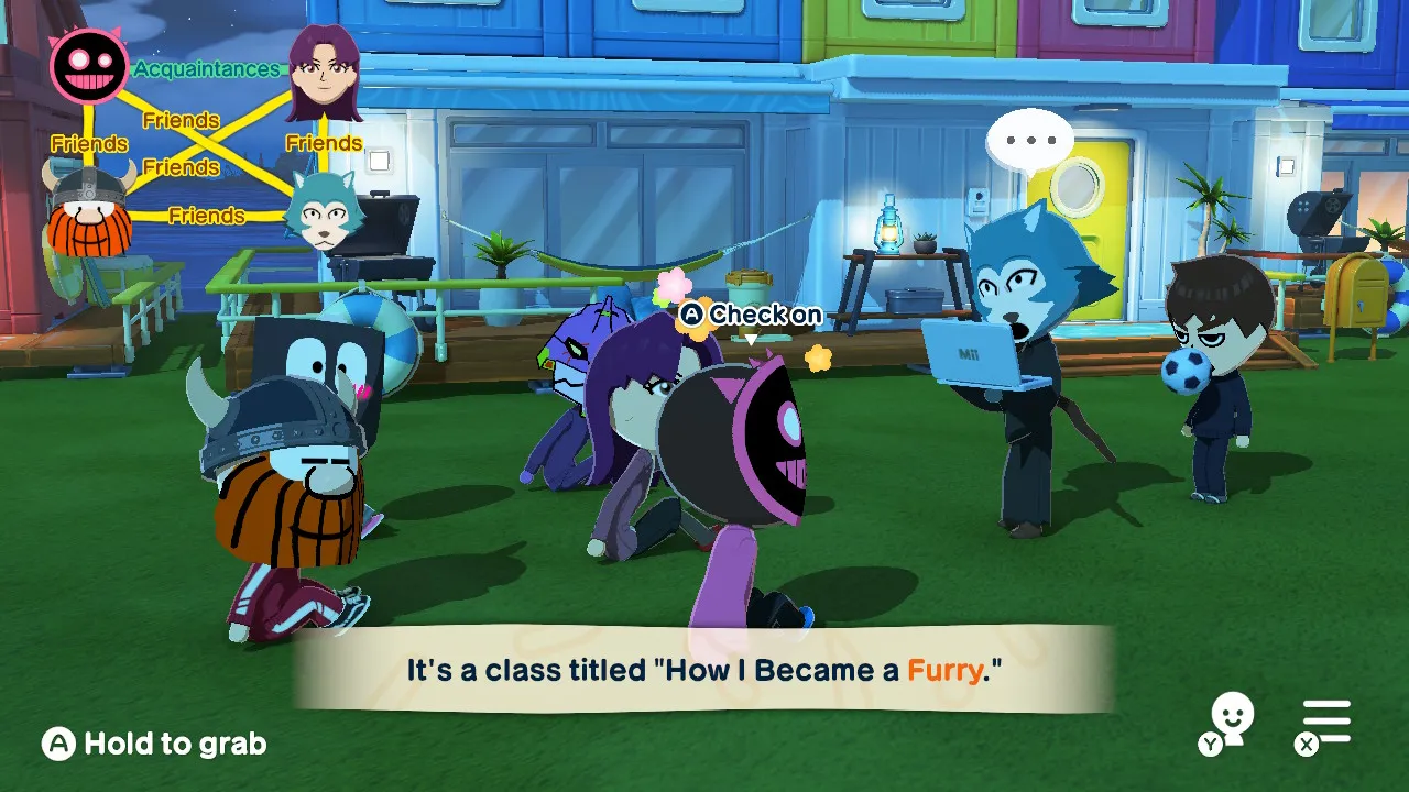 A screenshot of Tomodachi Life showing Legoshi carrying a laptop, hosting a lecture titled "How I Became a Furry". Behind him is my Mii playing keep-up with a soccer ball. The Miis being lectured are, on the front row: Evangelion Unit 01 (purple robot with green accents) and Misato Katsuragi (human woman with long purple hair and brown eyes) - both from Evangelion, Blixer (a circle with triangles attached to him, uneven pink/white eyes and a big grin) from Just Shapes and Beats, Mr. Energizer (an anthropomorphic Energizer battery) and Hagar the Horrible (male human with a big round nose, big smile and a very bushy brown beard).
