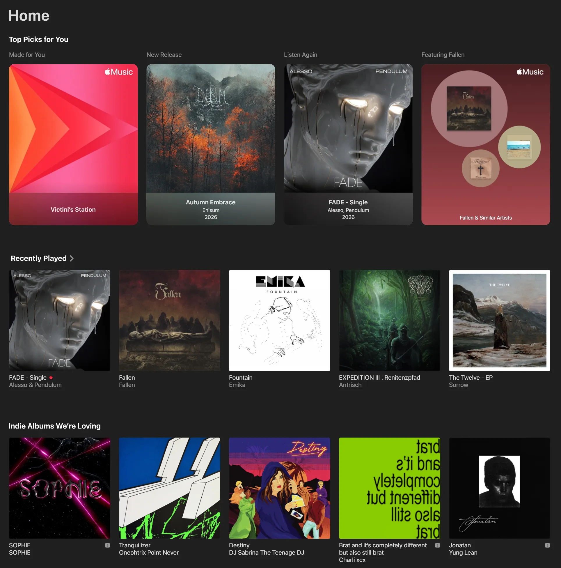 A screenshot of the Apple Music client for Windows, showing the Home page, which contains three sections: Top Picks for You, Recently Played and Indie Albums We're Loving